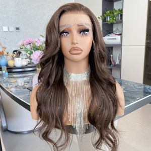 Peluca sintética de fibra resistente al calor con encaje frontal, larga, ondulada, para mujer, color marrón, 13x4, pre-arrancada, sin pegamento - Product Image 4