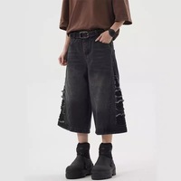Nouveauté été : Short en jean pour homme, style streetwear, délavé et vieilli, coupe déstructurée, ample, style rétro américain, jambe large, coupe droite, longueur courte