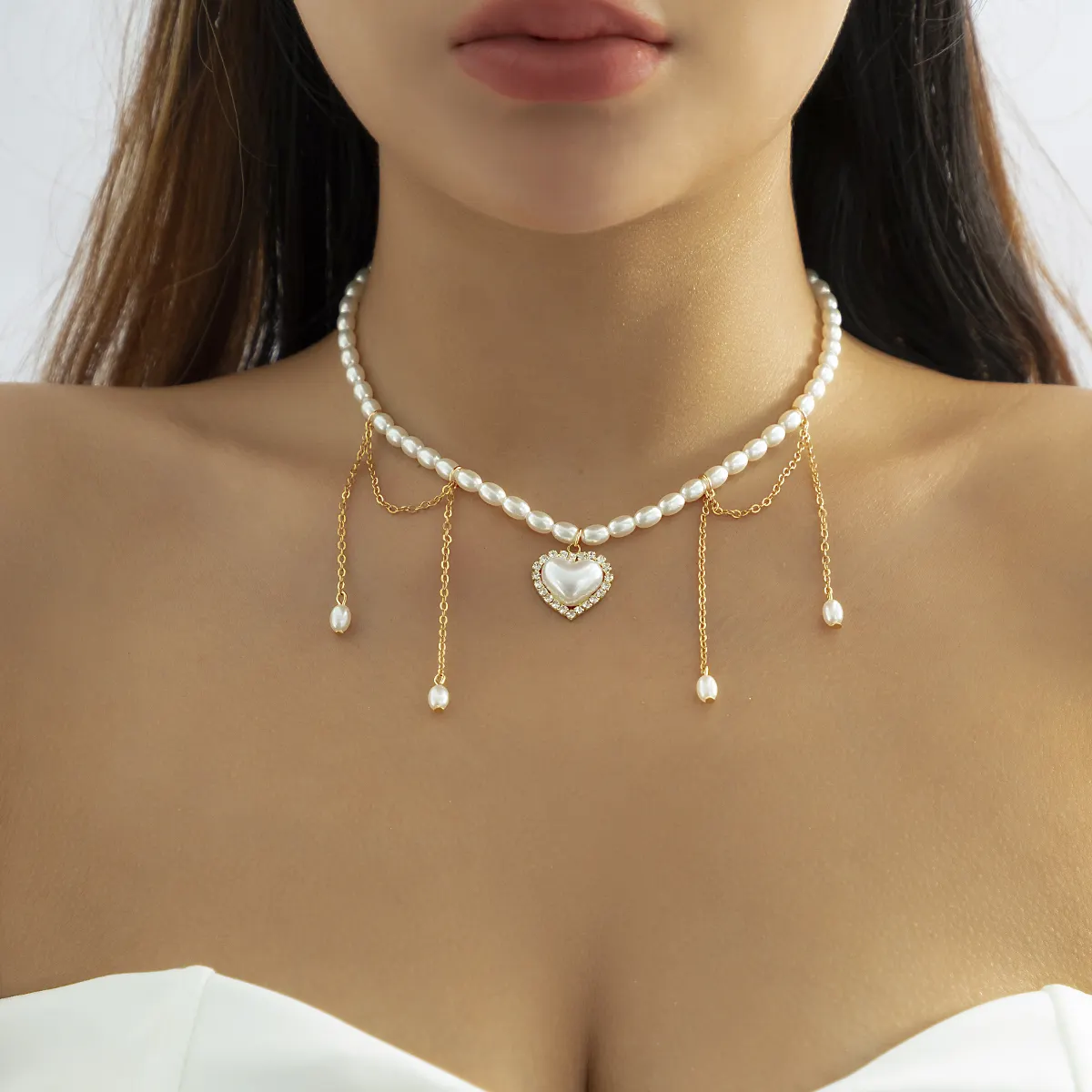 SHIXIN Fashion Simple Peach Heart Pendant Necklace Elegant Rhinestone Fringe Oval Pearl Necklace Gold Adjustable Necklace Gift