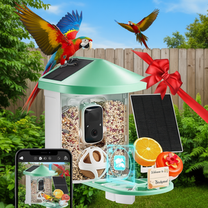Solar-Powered <b>Smart</b> <b>Bird</b> <b>Feeder</b> With AI Camera 1080p FHD Hanging Mount Green 2 Panels Roof Side 1 External 3W Panel - Product Image 2