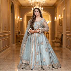 Vestido Lehenga Azul Cielo con Chaqueta Nupcial, Dupatta Pesada, Bordado Dabka Zari, Ropa de Boda India y Pakistaní - Product Image 4