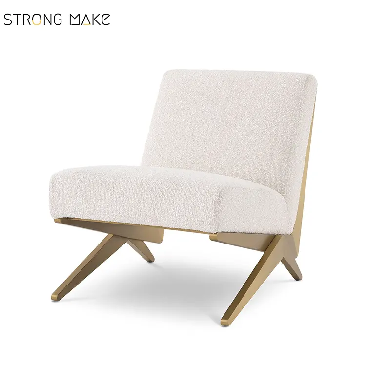 מרופד מודרני בד לבן בוקל כורסת בוקל להירגע מבטא סלון כיסא טרקלין כיסא מבטא עם רגלי מתכת מוזהבות
