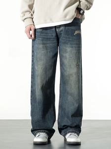 جينز رجالي متوسط الارتفاع صديق للبيئة بغسيل قديم، فضفاض مستقيم وواسع الساق، بأسلوب أمريكي كاجوال مع تطريز، مناسب للخريف والشتاء - Product Image 1