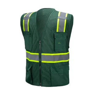 ANSI CE ENISO 20471 jaket reflektif hijau Logo kustom kain reflektif Strip rompi keselamatan dengan Logo