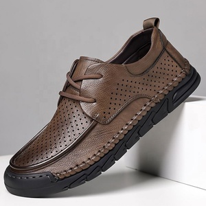 Chaussures décontractées pour hommes en cuir perforé, bout rond, à enfiler, semelle plate en caoutchouc, toutes saisons, style marche - Product Image 3