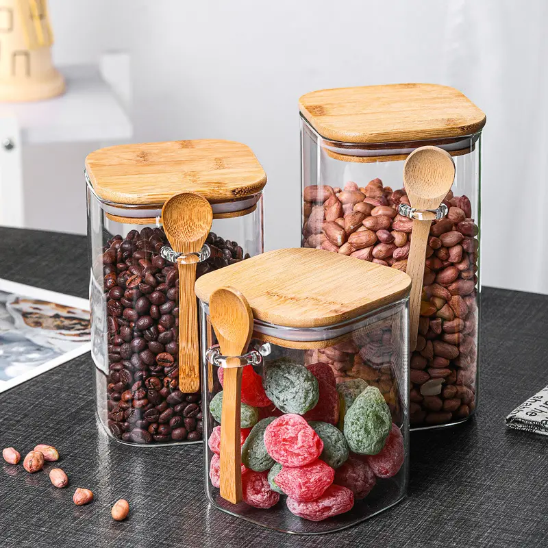 Pot à épices en verre de cuisine couvercle en bois de bambou avec cuillère