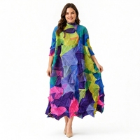 Robe longue plissée color block pour femme, col montant, manches trois quarts, coupe ample, grande taille, style Miyake, vente en gros