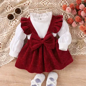 Bebek noel giysileri kız bebek seti düz renk üst sevimli yay jartiyer etek iki parçalı set