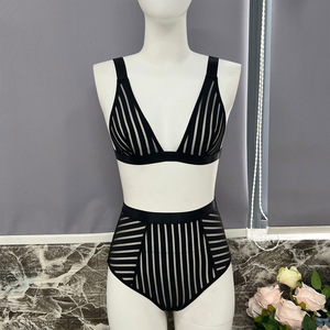 Deep Love 2 piezas de lencería Sexy a rayas negras para mujer, nuevo chaleco exterior negro, bragas, conjunto de lencería Sexy cómodo transparente - Product Image 5
