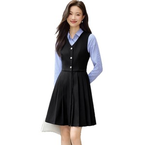 College Style Teacher Vest Dress A-Line Solid Color Turn-down Collar Comfortable Work Clothes Autumn Uniform - Product Image 5