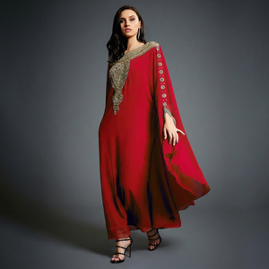 Women's Red Embroidered Abaya Floor Length Long Sleeve Sweetheart Neckline <b>Plus</b> <b>Size</b> Lightweight Shawl Collar Elegant Middle - Product Image 1