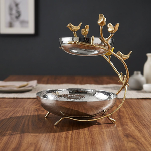 2 Tier Hammered Metal Fruit Bowl Luxury Gold <b>Bird</b> Branch Serving Tray Decorative Table Centerpiece Cupcake <b>Stand</b> Platter - Product Image 2