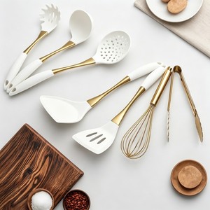 White Gold Handle Silicone Kitchen Utensils 8-Piece Set Heat Resistant Non-Stick Cooking Spatula Spoon <b>Tool</b> - Product Image 1