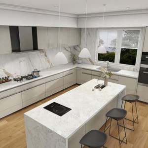 Ensemble de meubles de cuisine en îlot au design moderne pour appartements et villas, meubles en bois personnalisables avec structure en acier inoxydable - Product Image 5