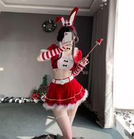 Costume de cosplay de Noël pour femmes, tenue de Père Noël en peluche rouge, ensemble deux pièces composé d'un haut court et d'une mini-jupe, lingerie de fête