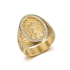 Golden Oval Men's <b>Ring</b> With Lion Head And <b>Crystal</b> Pave Setting For Everyday Wear - Product Image 1