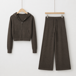 Completo da <span class=keywords><strong>Donna</strong></span> in 100% <span class=keywords><strong>Lana</strong></span> a Maglia Waffle, Top con Zip e Cappuccio Vestibilità Ampia, <span class=keywords><strong>Pantaloni</strong></span> a Vita Alta e Gamba Larga, Due Pezzi Casual Caldi per Autunno Inverno - Product Image 6