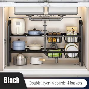 Organisateur d'évier de cuisine en métal à 2 niveaux, plateau de rangement extensible à longueur réglable, support autoportant à double niveau - Product Image 2