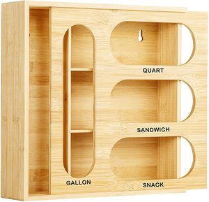 Bamboo Ziplock Bag Storage Organizer and Dispenser Food Storage Bag Holders Plastic Bag Holder Bamboo Organizer