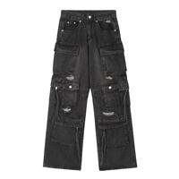 Pantalon cargo femme YUANBOFEI de haute qualité, coupe large, en jean respirant, écologique, avec plusieurs poches à rabat, effet usé et déchiré, taille basse
