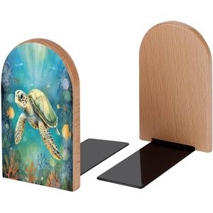 <b>Decorative</b> Wood Bookends for Room Desk Home Office Painting Turtle Ocean <b>Book</b> Stoppers for Magazines <b>Books</b> 1 Pair/2 Pieces - Product Image 5