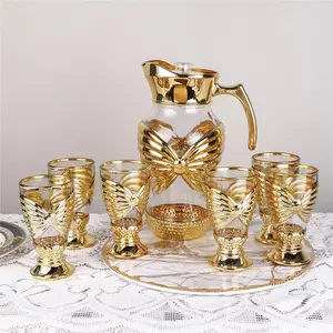 Alta calidad oro europeo Oriente Medio caliente 7 piezas conjunto 1500ml café té vidrio dorado jarra de agua con caja