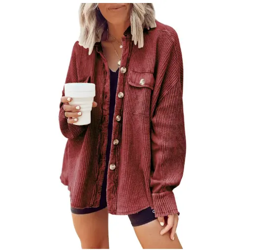 Womens Waffle Knit Shacket Boyfriend Shirt Jacket Button Down Blouse Loose Fit Long Sleeve Tops