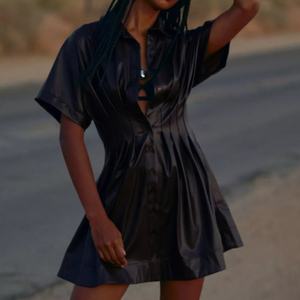 Robe chemise mini décontractée en similicuir avec dentelle brodée pour l'été - Product Image 2