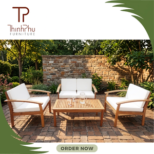 Contemporary Outdoor <b>Wood</b> <b>Sofa</b> Set with White Cushions for Garden Patio Furniture - Product Image 4