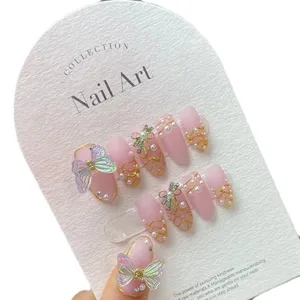 Handmade Press On Nail Medium Long Coffin Ballerina Rhinestones Butterfly Fake Tip 3D Design Nail Art Cute with Box 10 Pcs
