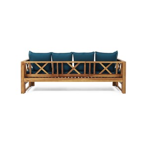Outdoor Extendable Acacia Wood 3-Seater <b>Sofa</b> Convertible Patio Daybed Beige Cushions Modern Teak Finish Lounge Apartment Hotel - Product Image 5