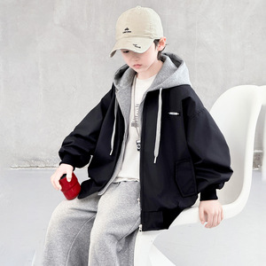 Blouson à capuche pour garçons, style printemps, effet deux-pièces, nouveau modèle, pour enfants plus âgés, look cool, tendance urbaine, fermeture éclair - Product Image 3