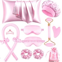 Lot de 12 bigoudis en satin sans chaleur, kit cadeau pour boucler les cheveux la nuit, bonnet de nuit, taie d'oreiller en soie, kit de soin capillaire OEM ODM