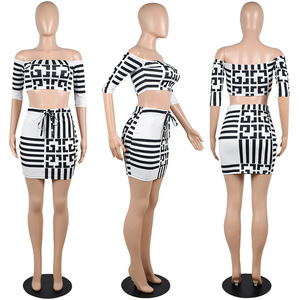 2022 Mùa Hè Ngắn Hai Mảnh Thiết Lập Phụ Nữ Quần Áo In Dài Tay Áo <span class=keywords><strong>Crop</strong></span> Top Bodycon Dresses Sexy Ngắn Mini Váy - Product Image 5