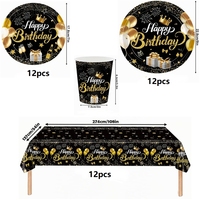 Ensemble de vaisselle et fournitures pour fête d'anniversaire pour femmes et hommes, Or et Noir, comprenant assiettes en carton, gobelets, serviettes, nappes, bannières et drapeaux