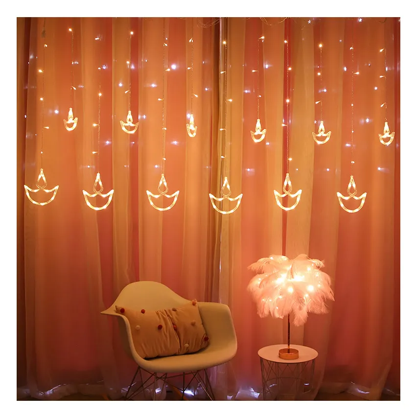 India Diwali Window LED Curtain Fairy String Lights Muslim EID 2022 Ramadan Lights For Holiday Decoration Home Bedroom Party