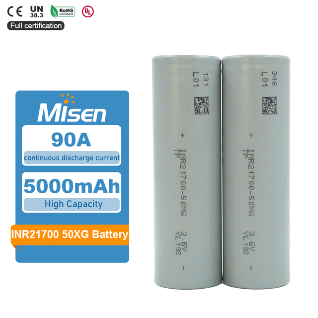 Misen High Discharge Rate 90A INR21700 Lithium-Ion a Grade 21700 50XG Cell 3.7V 5000mAh Battery for Power Tool
