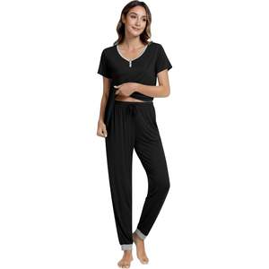Pijamas para mujer, conjunto de pantalones deportivos de manga corta, ropa de dormir suave con bolsillos, ropa de dormir informal, color negro - Product Image 4