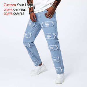 Jeans de Mezclilla Azul Elásticos de Alta Calidad, Corte Recto, Ajustados, Desgastados, de Cintura Media, Casuales y Personalizados para Hombre - Product Image 3