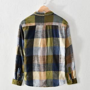 Camicie di <span class=keywords><strong>lino</strong></span> arancioni kaki a quadri casual a maniche lunghe personalizzate all'ingrosso 100% camicie a quadri di design eco a maniche lunghe per uomo - Product Image 3