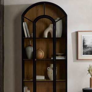 American Custom Modern Living Room <strong>Bookcase</strong> with Oak <strong>Wood</strong> and Glass Door Display Cabinet <strong>Solid</strong> Black Arch Wine Cabinet Locker - Product Image 5
