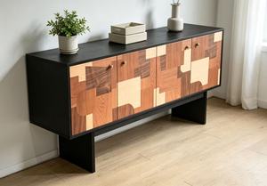 Premium Mixed Wood Patchwork <b>Sideboard</b> 4-Door Abstract Art Design Large <b>Storage</b> Modern Credenza For Living Room Dining Room - Product Image 2