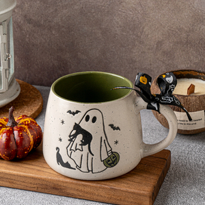 हेलोलीन कद्दू और भूत सिरेमिक मग, अलग आंतरिक ग्लेज़ के साथ स्पेक्केल्ड पोर्सिलीन ड्रिंकवेयर, घर के लिए उत्सव कॉफी कप - Product Image 5