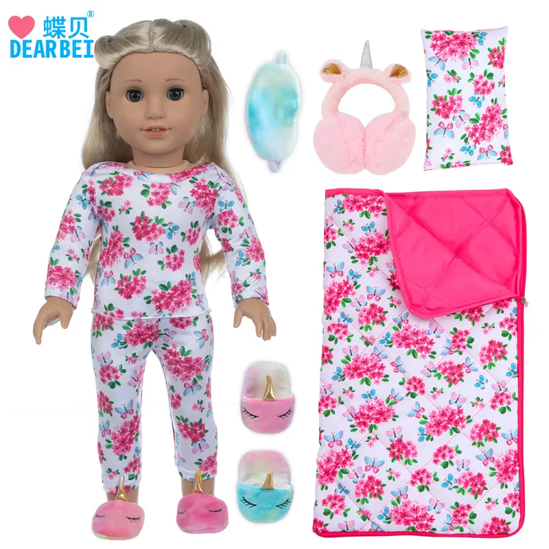182022 18 inç amerikan oyuncak bebek pijama uyku tulumu çocuk oyuncağı bebek göz maskesi pembe kulaklık bebek terlik oyuncak aksesuarları
