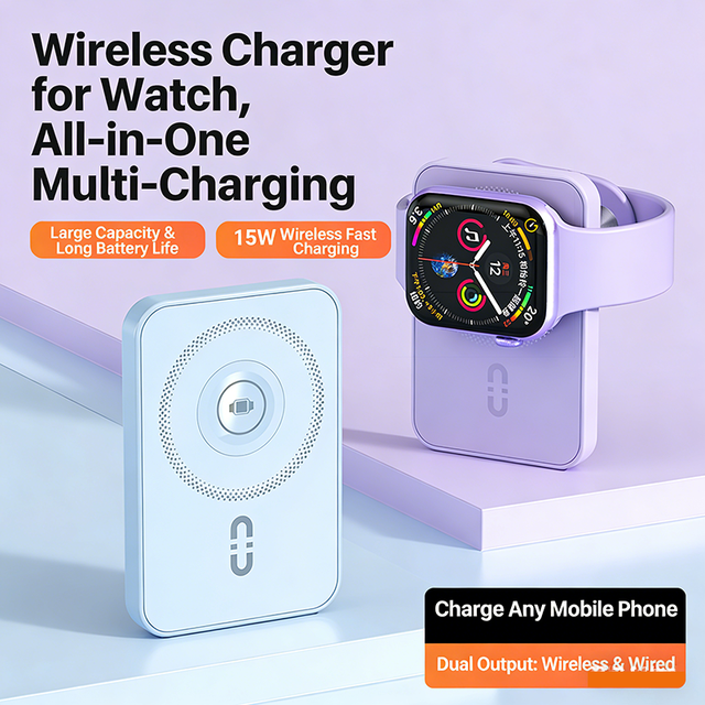New PD20W Fast Charging Type-C 10000mAh Wireless Power Bank Qi2 15W Wireless Magnetic Power Bank with Built-in Stand