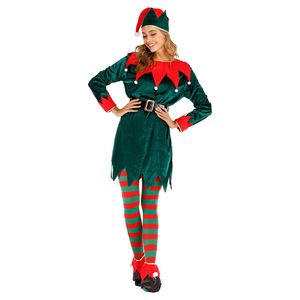 Costume d'elfe de Noël pour femme, tenue en velours vert avec collants rayés, fête de Noël, <span class=keywords><strong>carnaval</strong></span>, jeu de rôle, festif pour adulte - Product Image 2