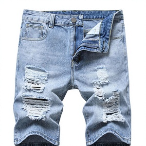 Shorts en jean déchirés pour hommes, respirants, mi-longs, tricotés, style streetwear, bleu clair, grandes tailles, décontractés pour l'été – Vente en gros - Product Image 4