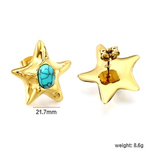 Boucles d'oreilles tendance style coréen pour femme, bijoux clous en acier inoxydable plaqué or 18 carats, étoile bleue, turquoise, étoile de mer - Product Image 2