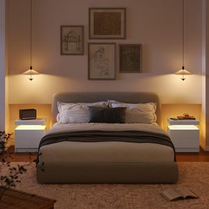 Table de chevet moderne SENYU avec LED blanches, table de chevet pour chambre à coucher avec 2 tiroirs en bois, table d'appoint - Product Image 6