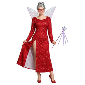Costume de cosplay de la Fée Godmother Shrek pour femmes, robe longue rouge à paillettes avec fente haute, tenue de scène pour soirée - Product Image 1